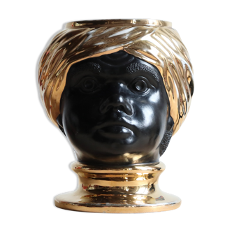 Vase tête en céramique italienne noire et dorée signé Behreno