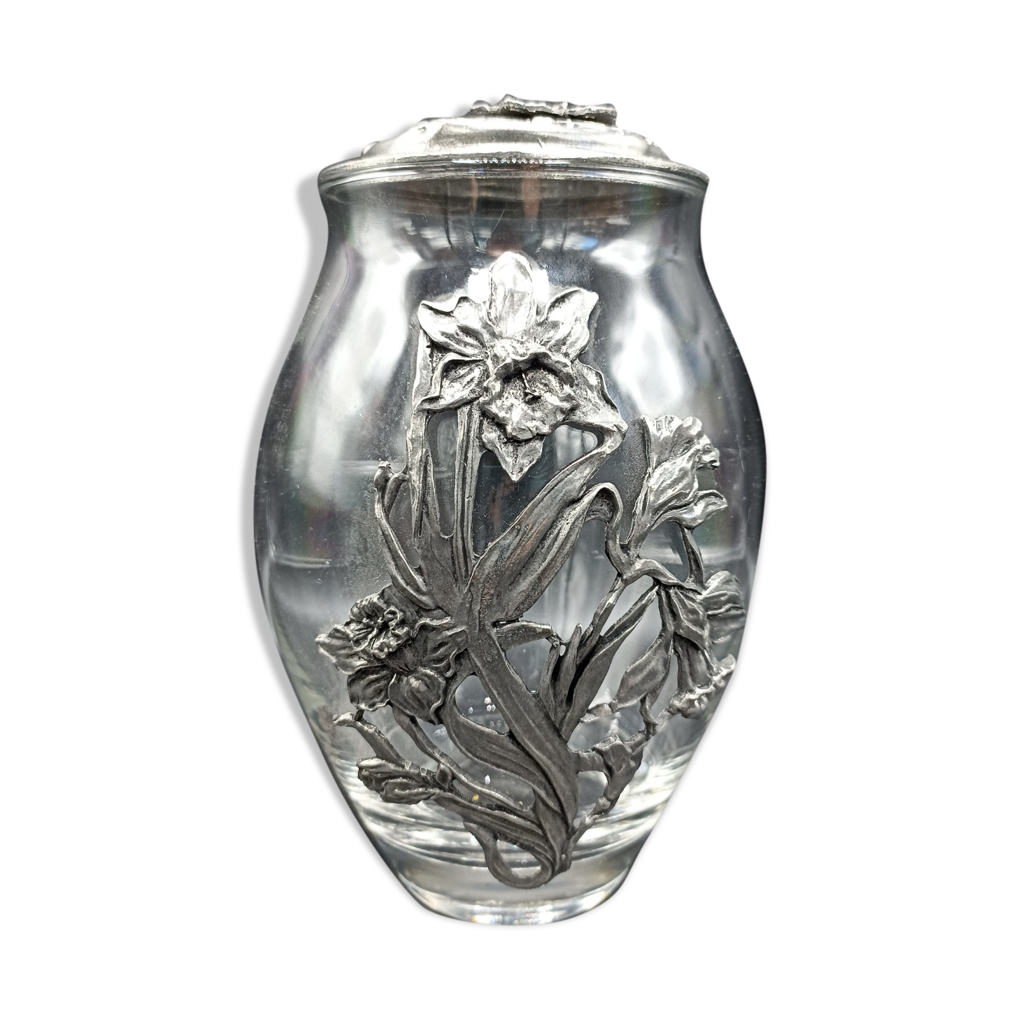 Covered jar / glass and openwork tin vase - Daffodils