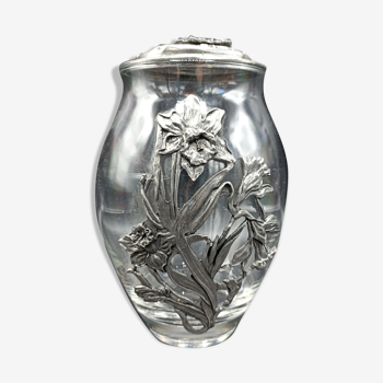 Pot couvert vase en verre et étain ajouré Jonquilles