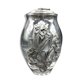 Pot couvert vase en verre et étain ajouré Jonquilles