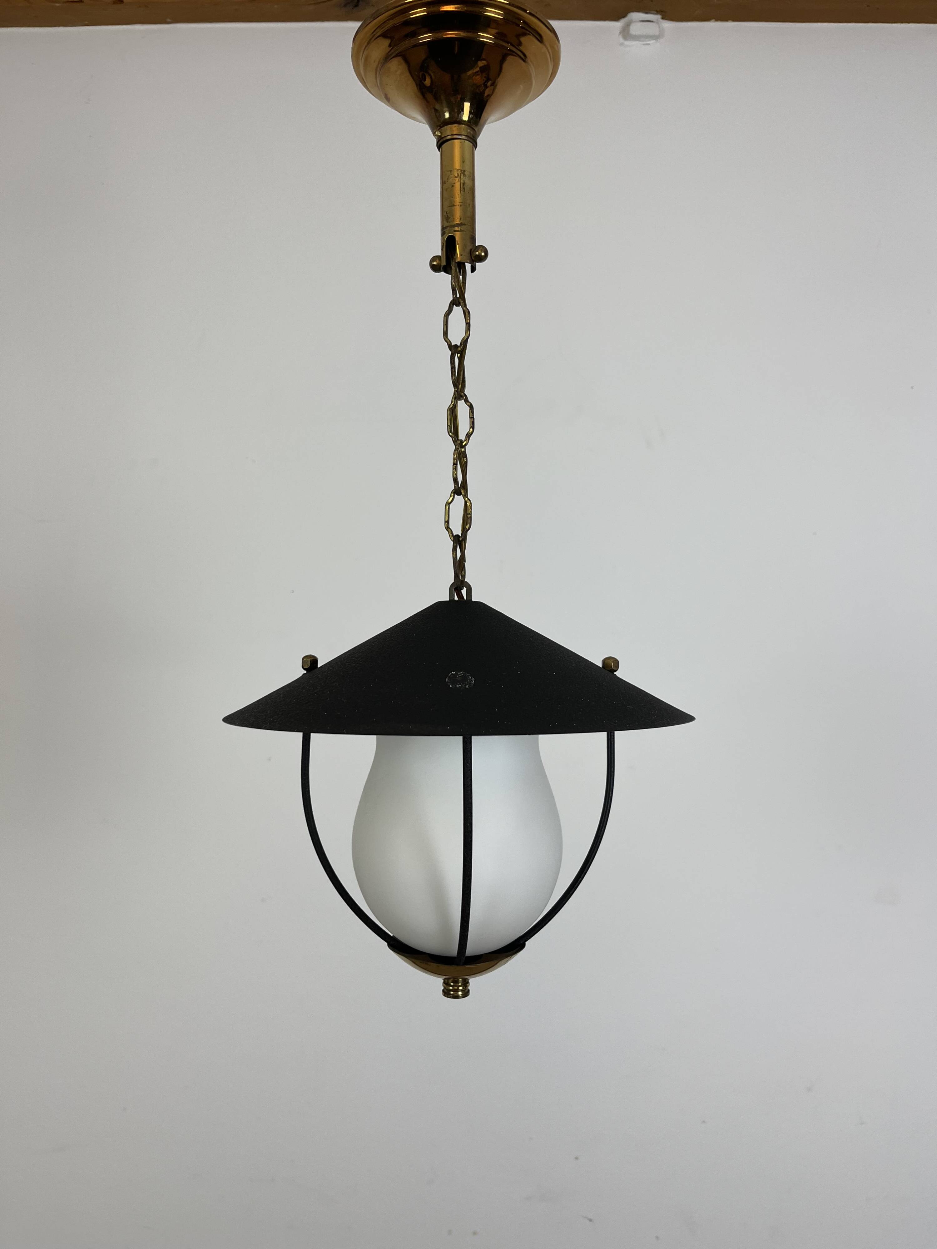 50s lantern pendant light, opaline and metal
