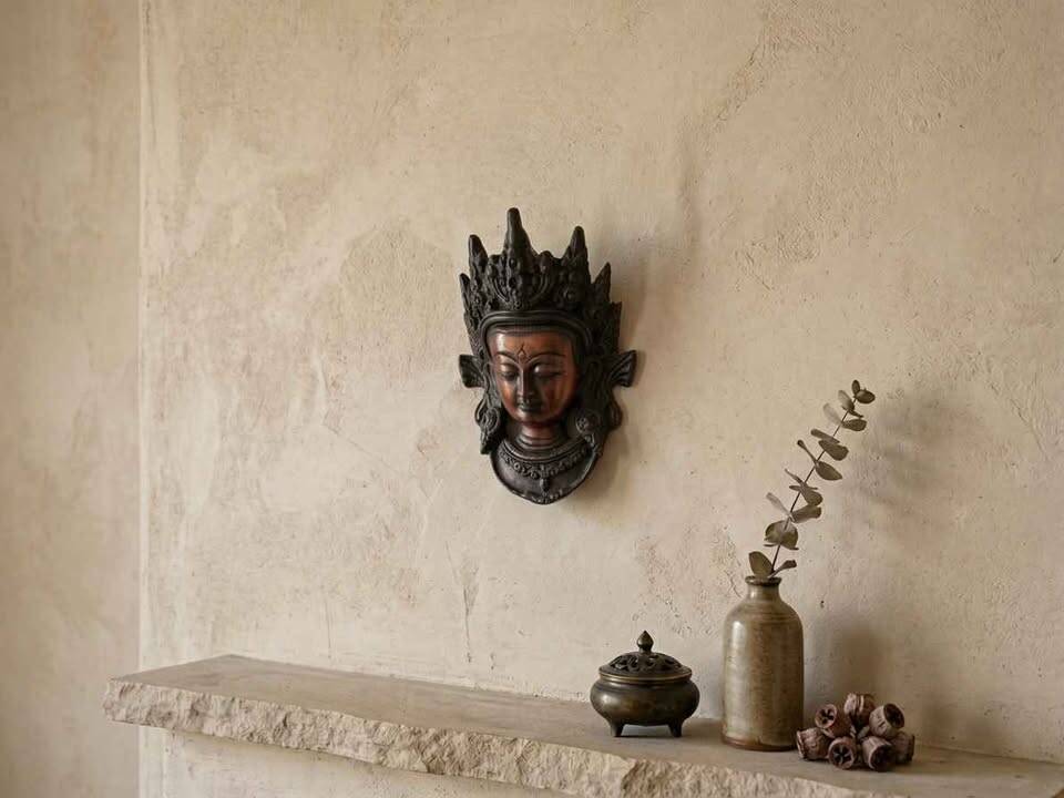 1980s Hand-Carved Wood Buddha Wall Mask