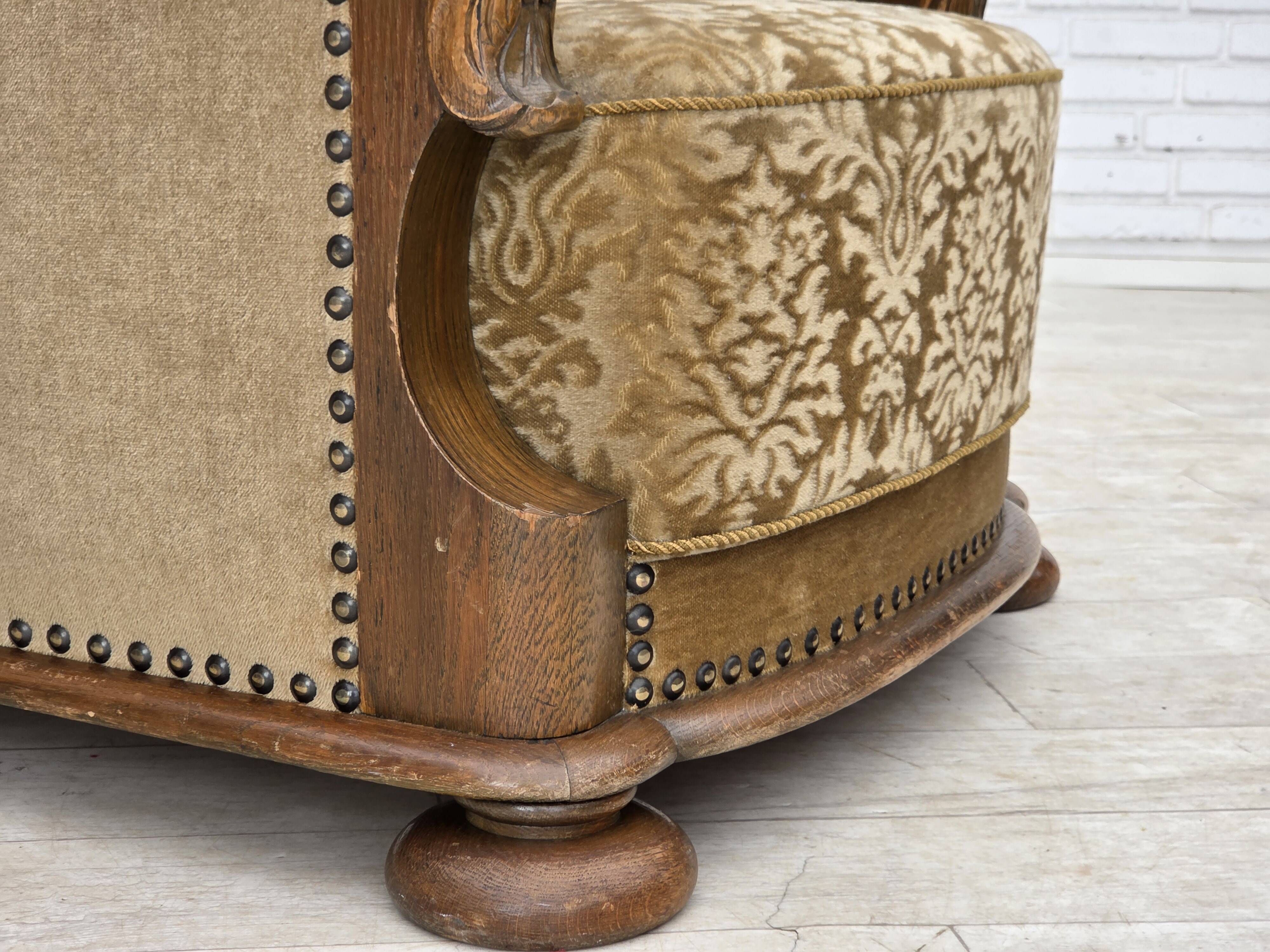 1950s, Danish relax armchair, furniture velour, carved oak wood.