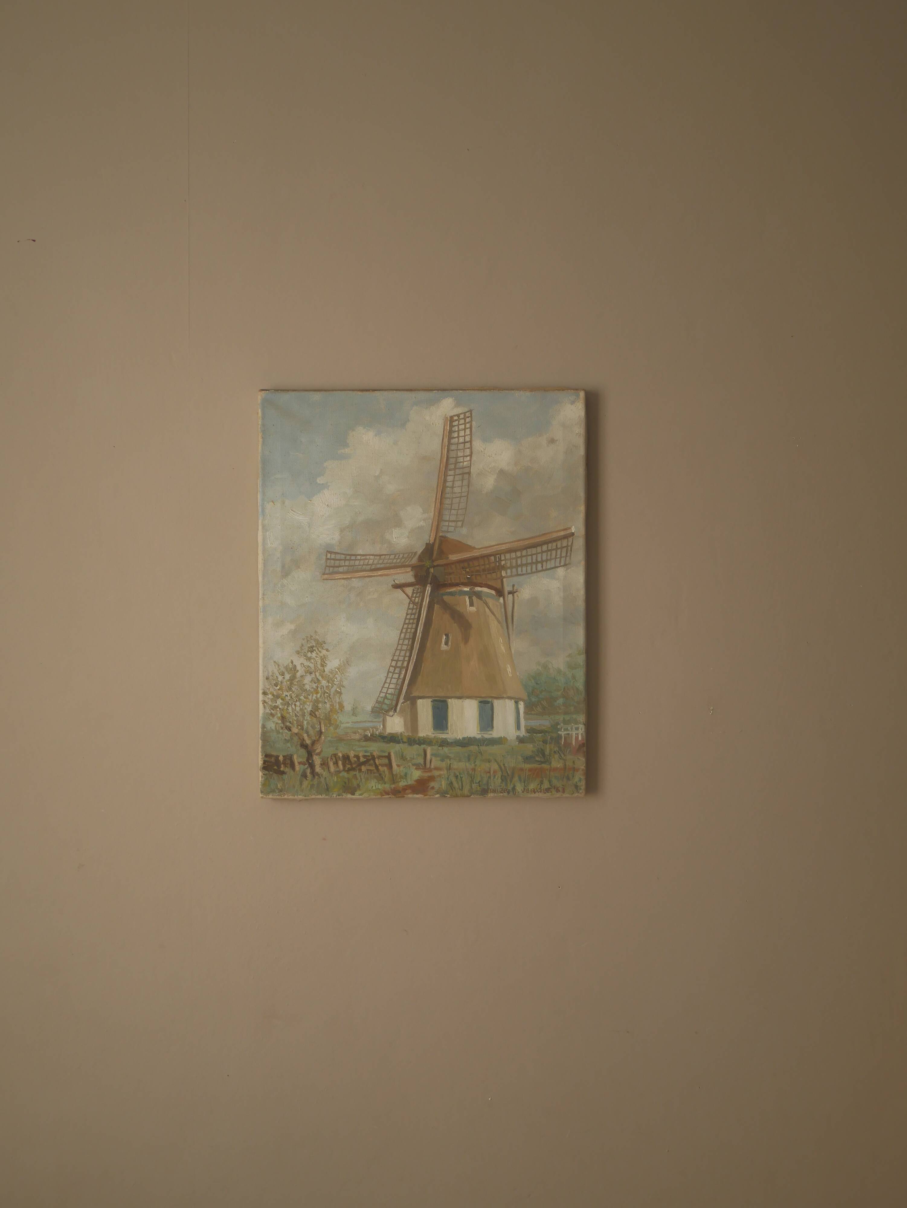 Acrylic painting on canvas vintage Dutch windmill Scandinavian countryside decoration