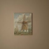 Acrylic painting on canvas vintage Dutch windmill Scandinavian countryside decoration