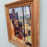 Mid-Century Modern "Cubist View" Vintage Cubist Oil Painting, Framed