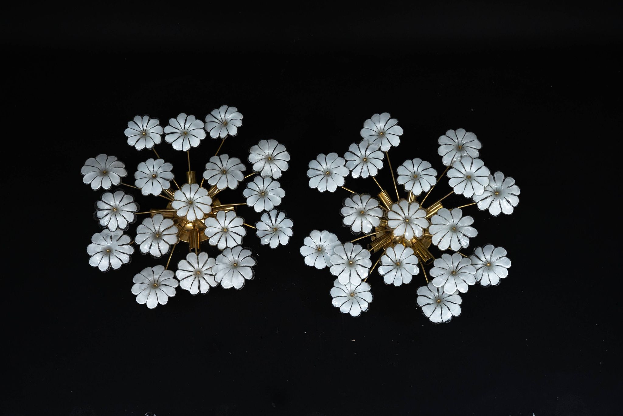 Pair of Murano white flower ceiling lamps. Italy 1980s