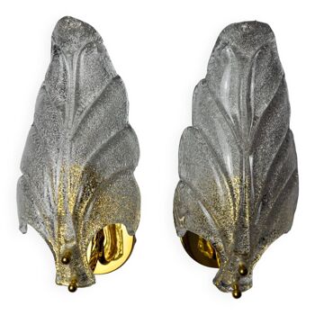 Pair of frosted leaf sconces, murano glass, italy, 1970