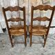 Pair of Rustic Antique Turned Wood Chairs + Woven Straw Seat Wine