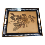 Large antique tray. Black openwork metal gallery and flower lithograph.