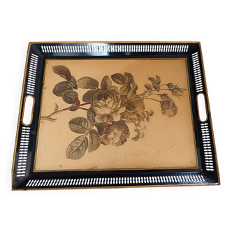 Grand plateau ancien. Galerie métallique ajourée noire et litho fleurs.