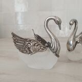 Two frosted glass swan salt cellars with silver plating.