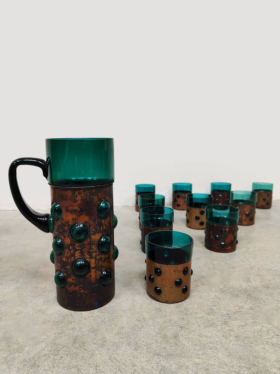 Vintage copper base bubble glass vase & glasses Nanny Still Raak