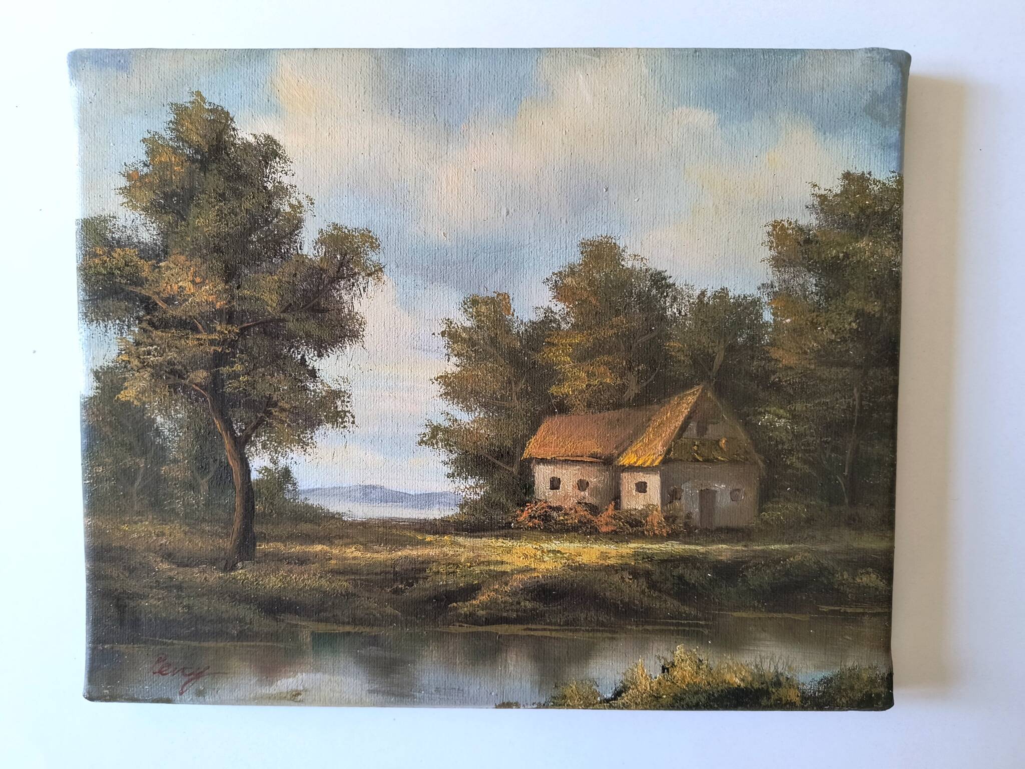 Antique painting signed "Percy" - House by the pond - oil on canvas
