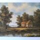 Antique painting signed "Percy" - House by the pond - oil on canvas