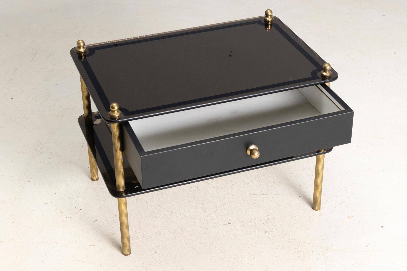 Glass and brass side table with drawer, 1970s, Europe