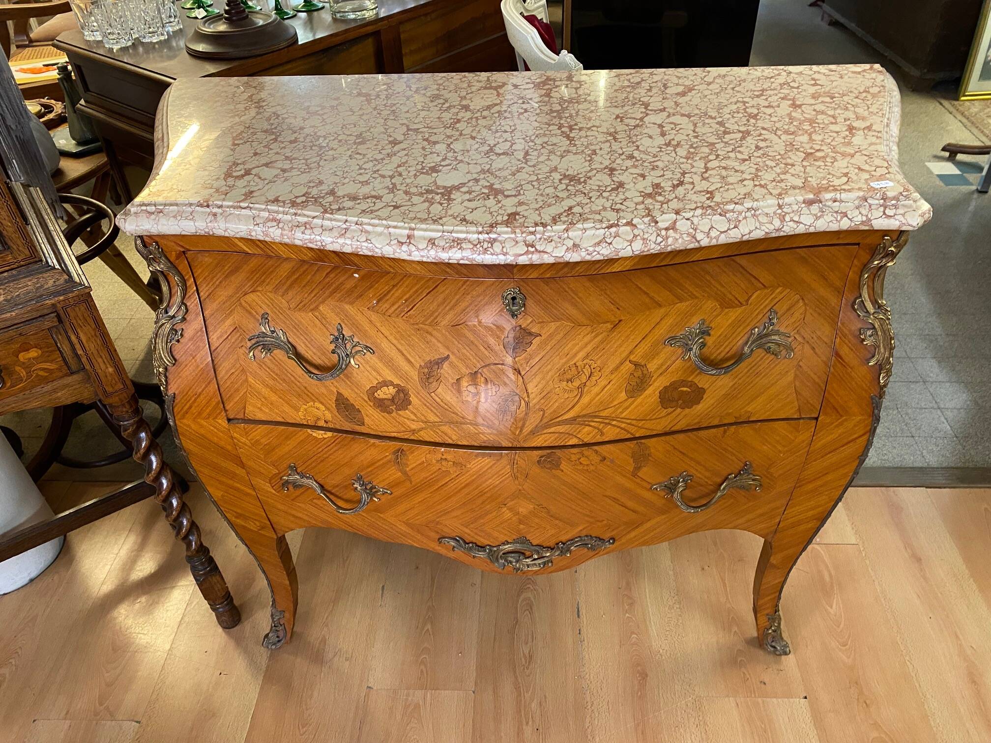 Louis xv style curved chest of drawers in marquetry with marble and embroidered floral decor