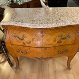 Louis xv style curved chest of drawers in marquetry with marble and embroidered floral decor
