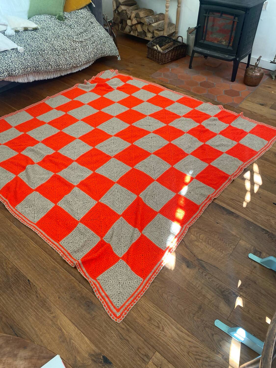 Vintage Granny Square Crochet Wool Throw