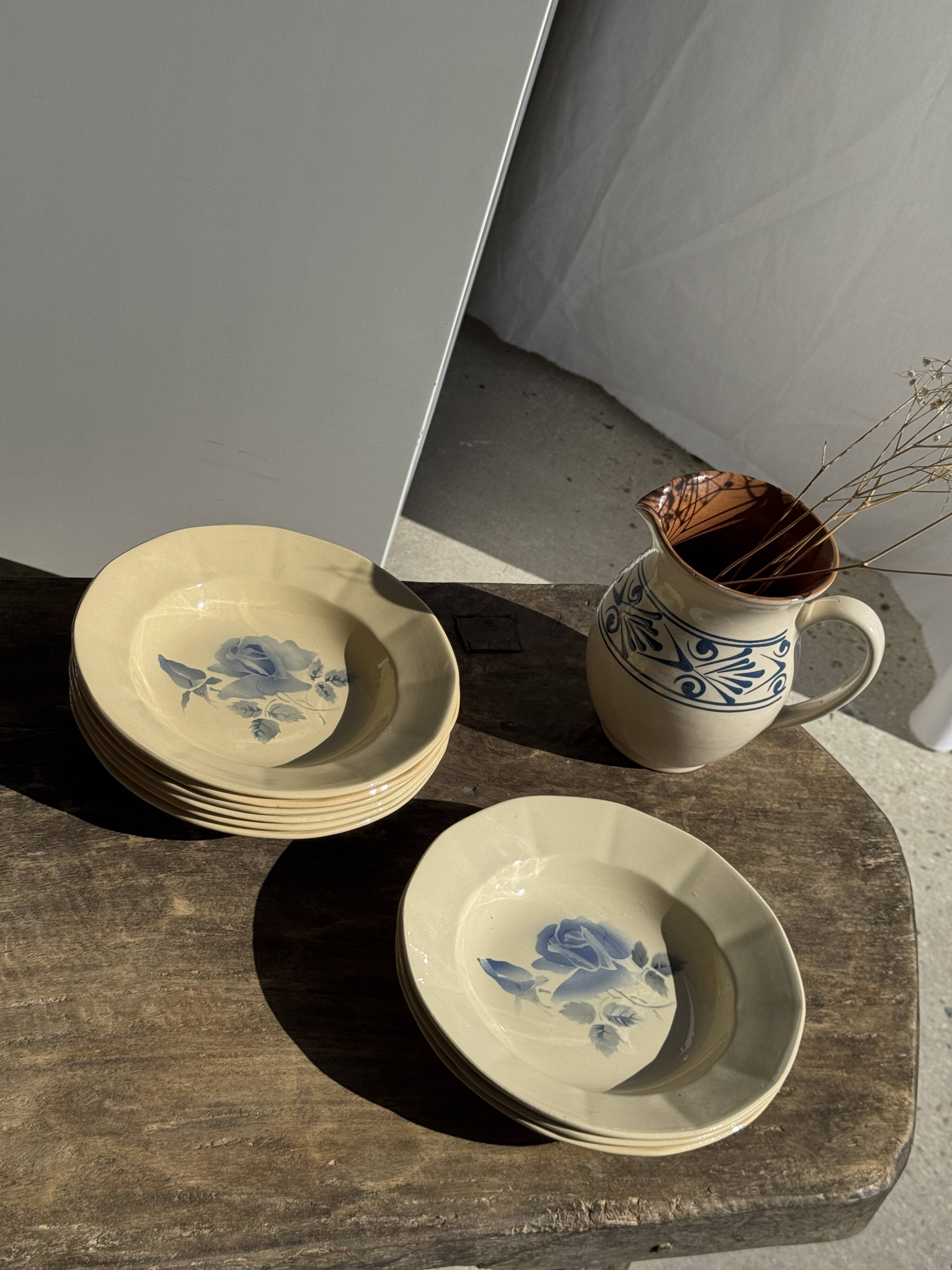 Set of 12 beige, pink, and blue deep plates from Digoin Sarreguemines, vintage.