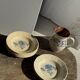 Set of 12 beige, pink, and blue deep plates from Digoin Sarreguemines, vintage.