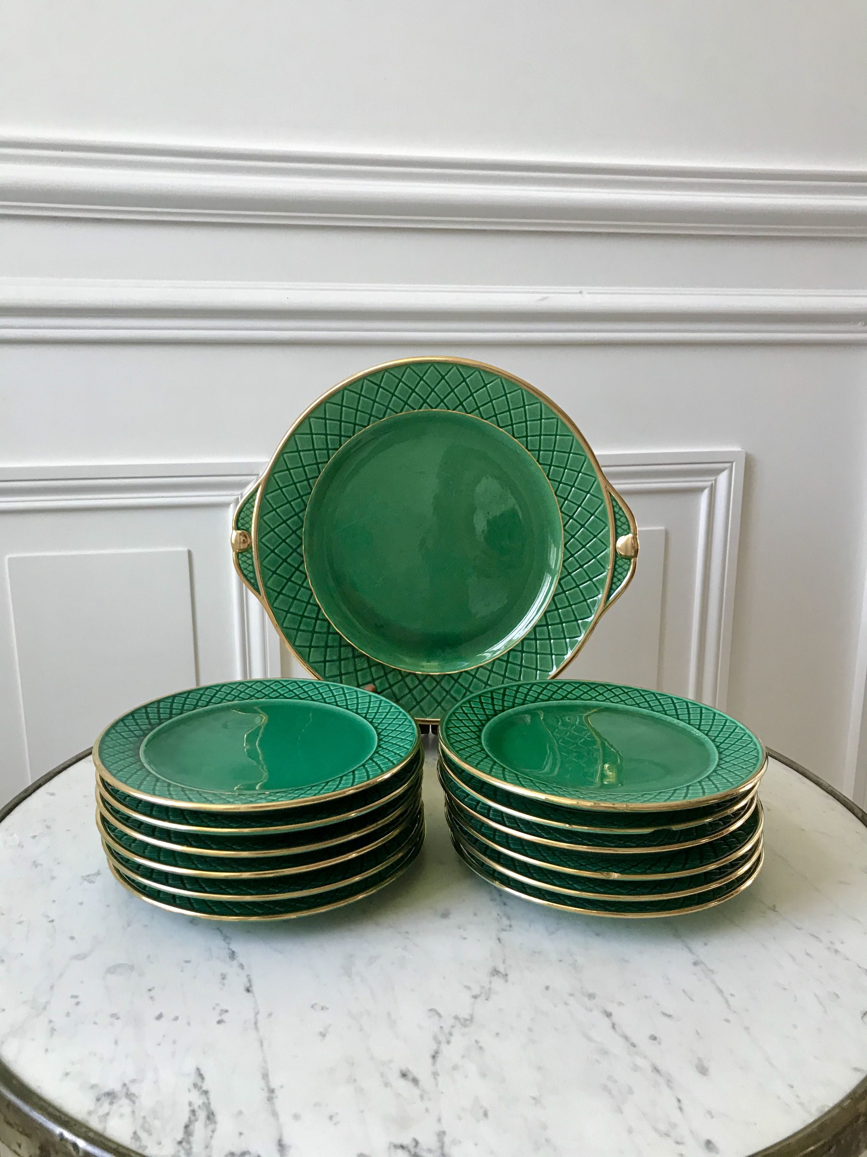 dessert service 12 dessert plates and a green and golden Art Deco cake dish 40s
