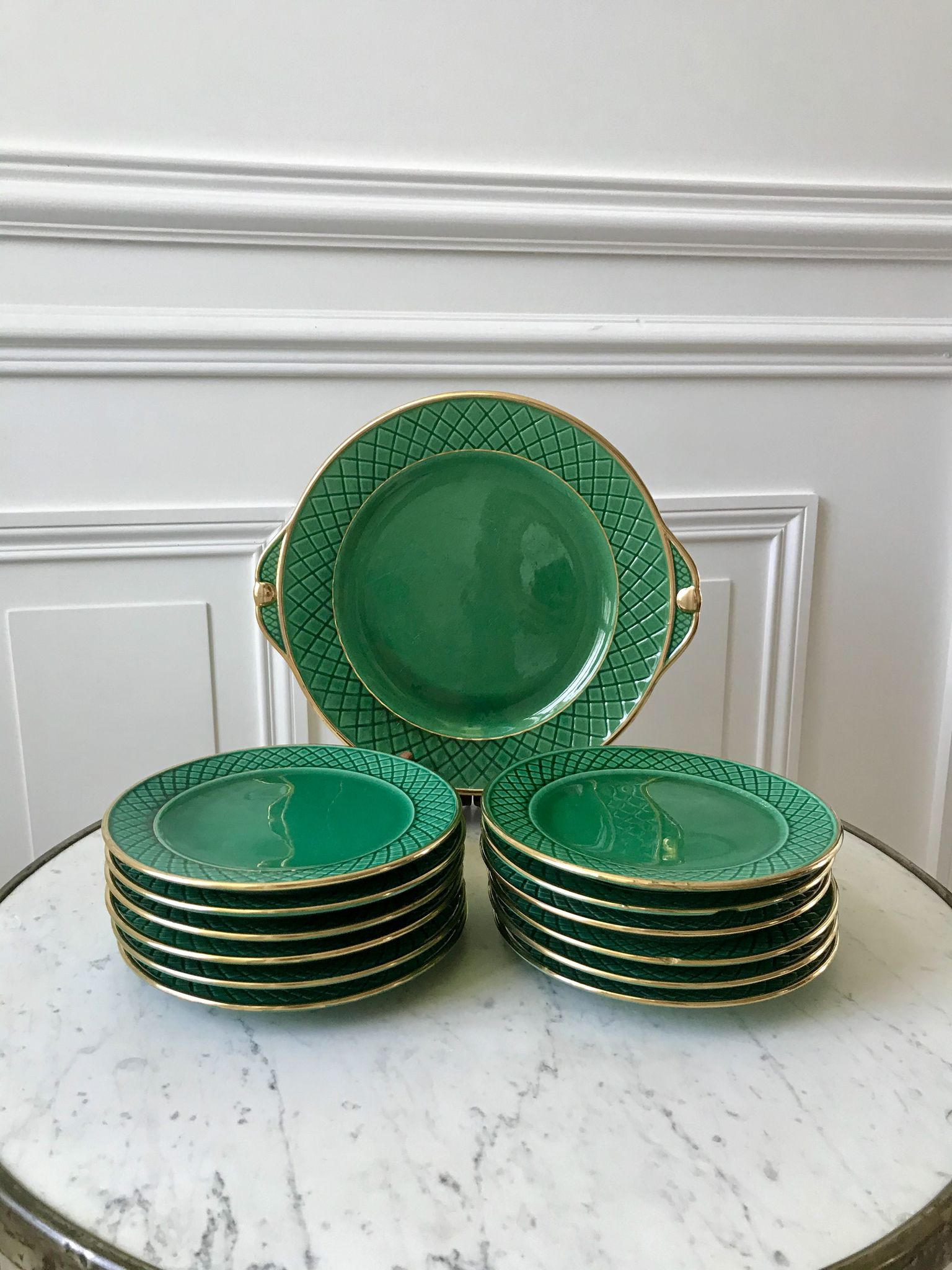 dessert service 12 dessert plates and a green and golden Art Deco cake dish 40s