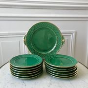 dessert service 12 dessert plates and a green and golden Art Deco cake dish 40s