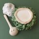 Saucière or condiment pot in cabbage-shaped slip, ceramic spoon