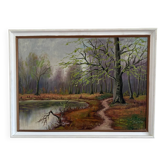 Vintage original forest landscape oil painting, circa 1960s