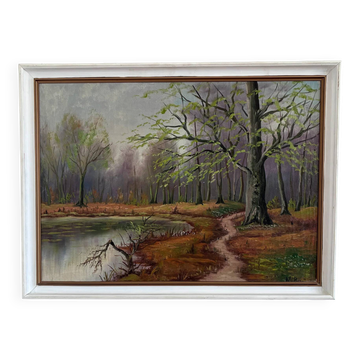 Vintage original forest landscape oil painting, circa 1960s