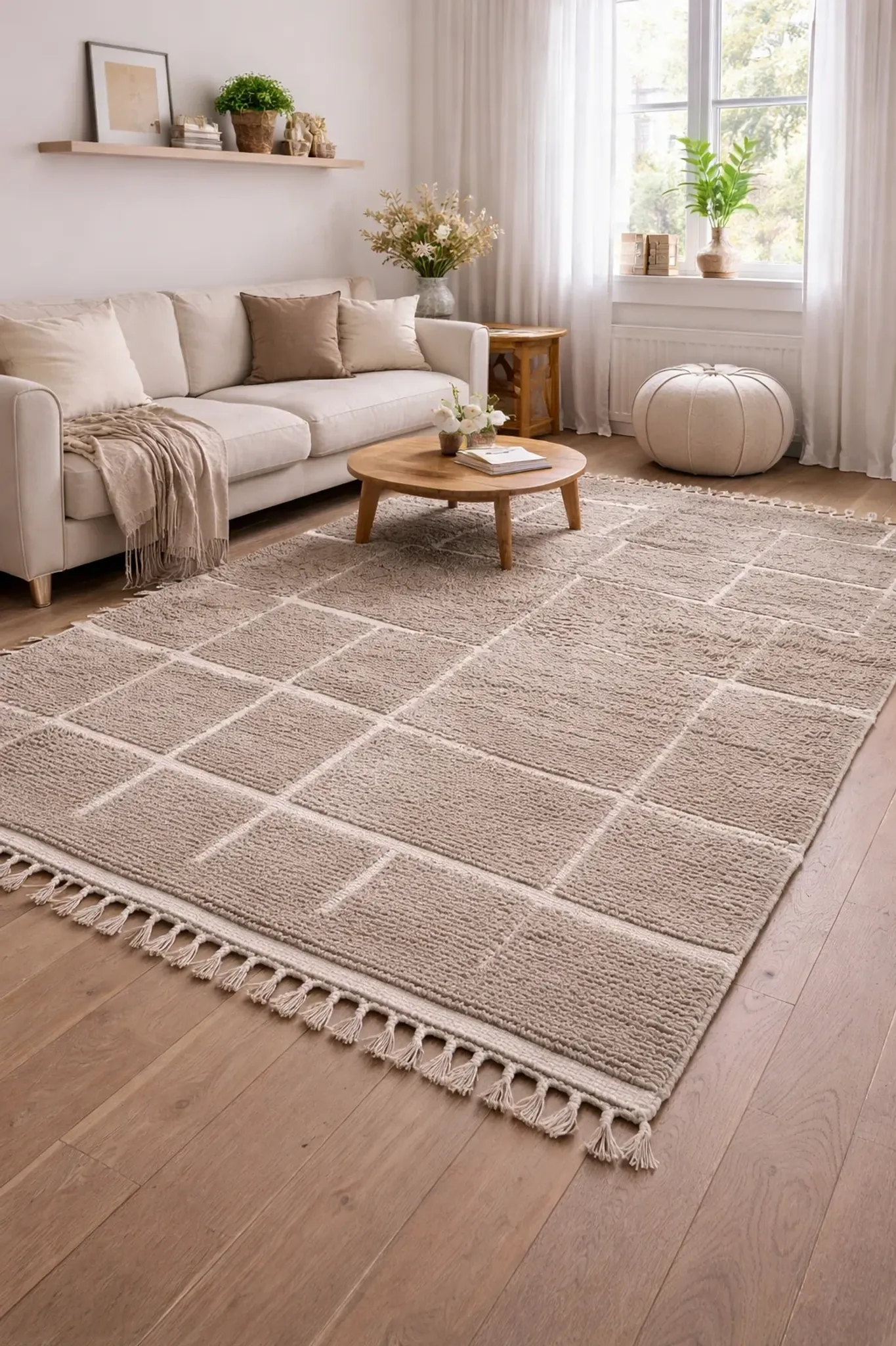 Thick Berber rug in wool – Soft Ivory Grid