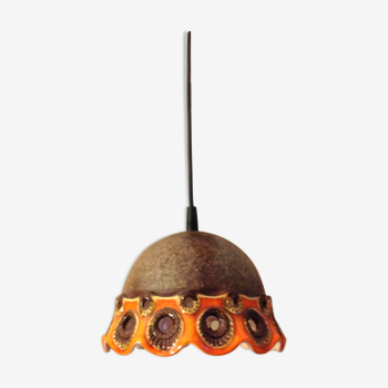 Suspension cloche en céramique orange et marron, vintage années 60-70