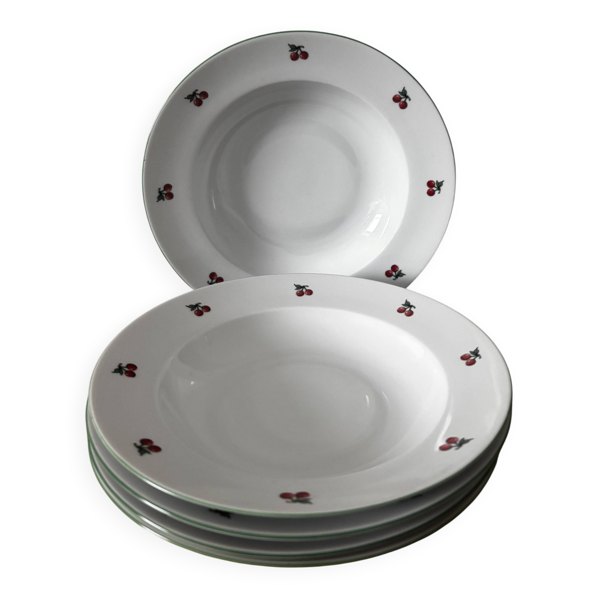 Set of 5 deep porcelain plates in cherry table colours.