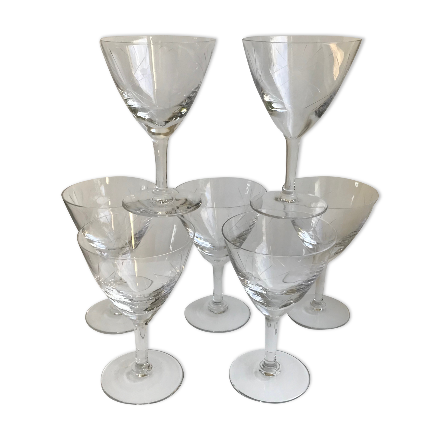 Set of 7 engraved wine glasses star model 50s