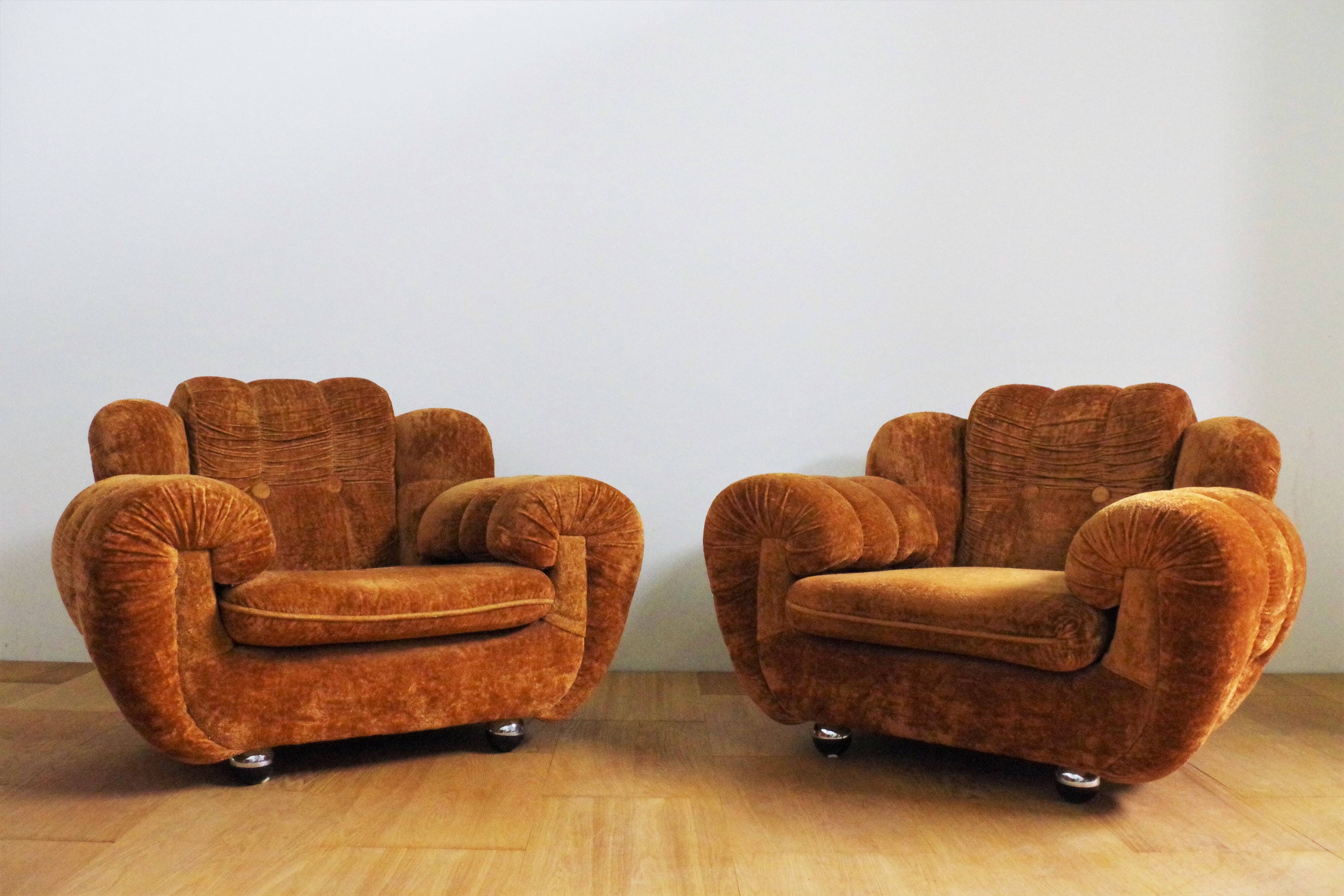 Velvet armchairs and sofa, 1970s, set of 3