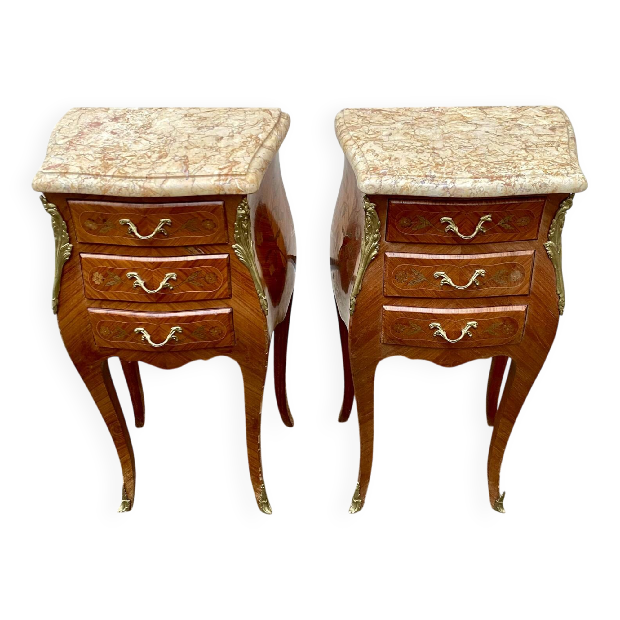 Pair of Louis XV style bedside tables with rosewood marquetry