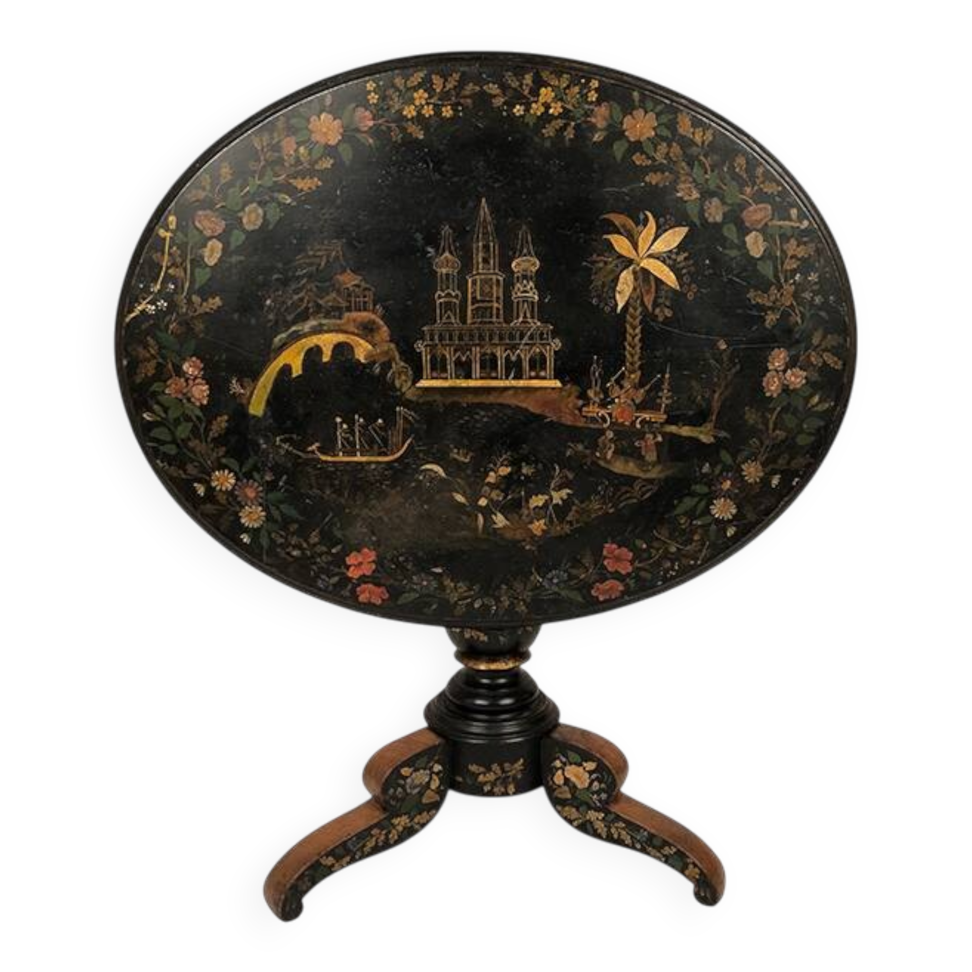 Large tilting pedestal table, black lacquered wood with a lively oriental landscape decoration.
