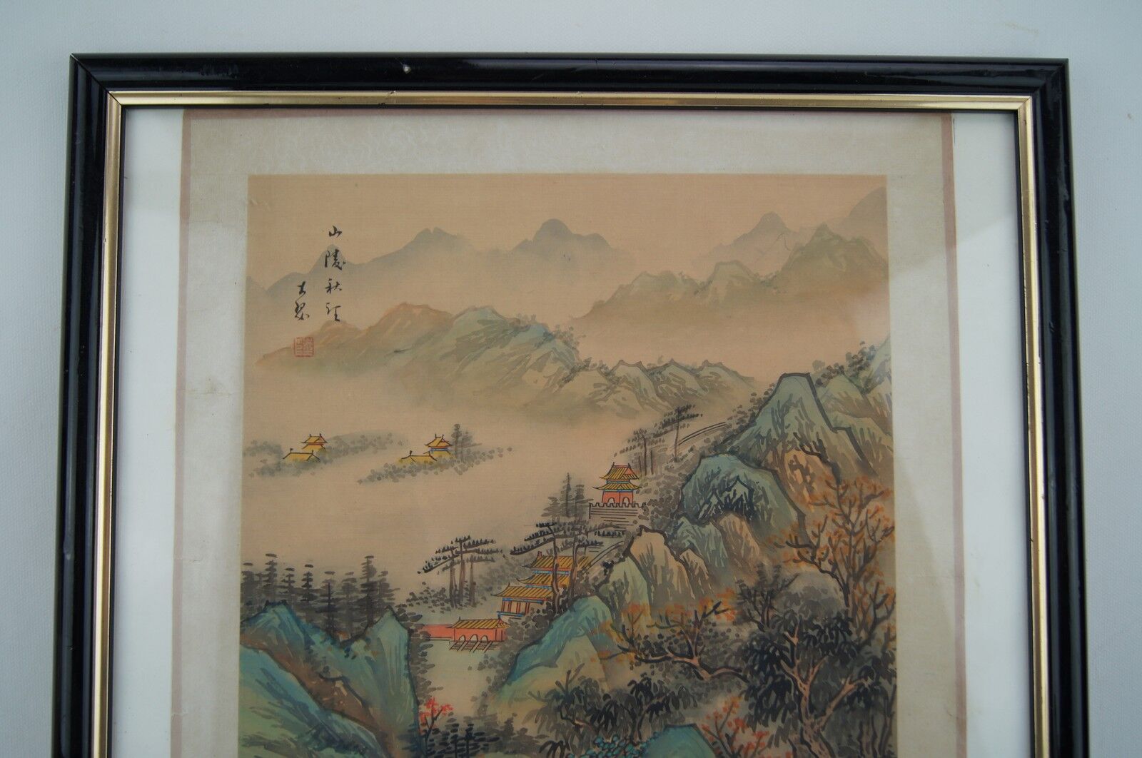 Ancient painting on fabric, asian landscape, with frame 40 x 39.5 cm