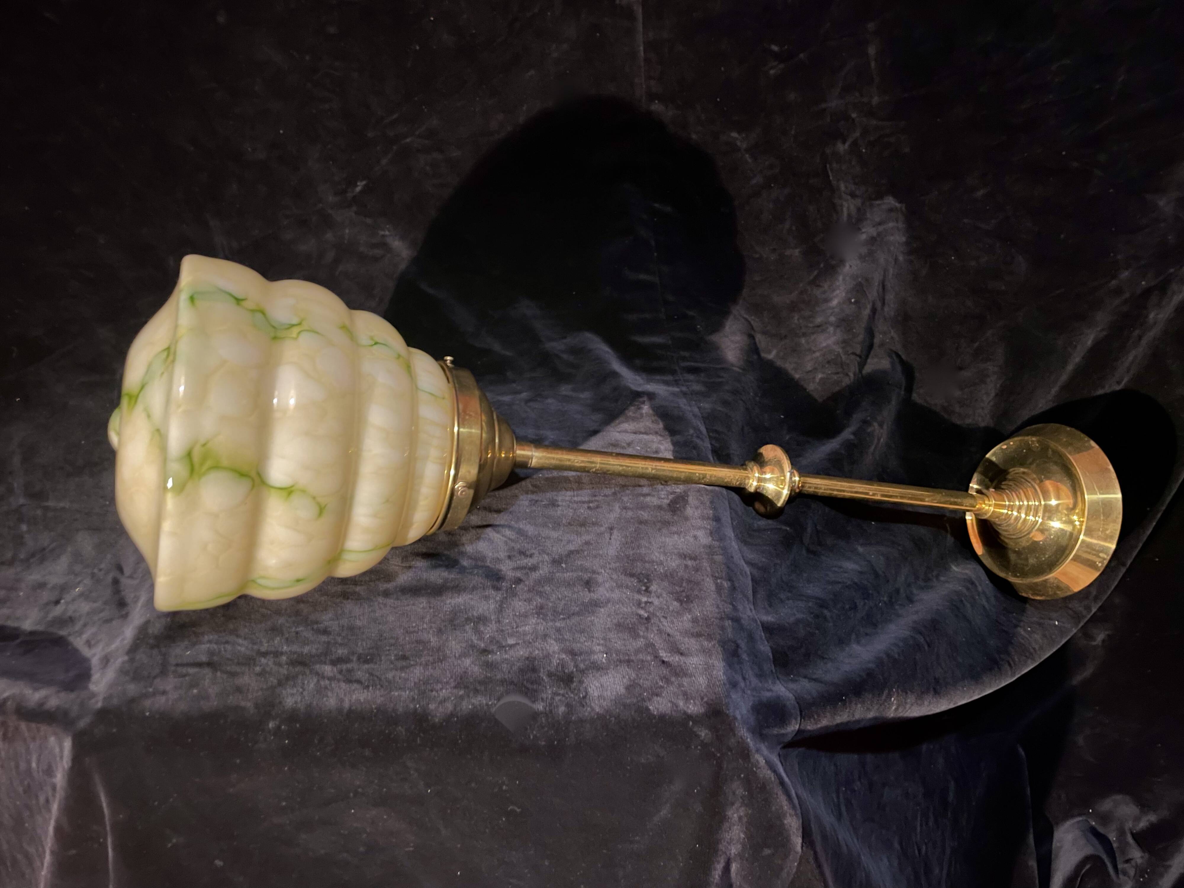 Art Deco ceiling light, marbled green opaline/brass, 1930s.