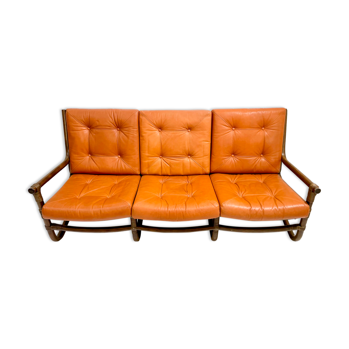 Mid-century modern rattan and cognac leather sofa