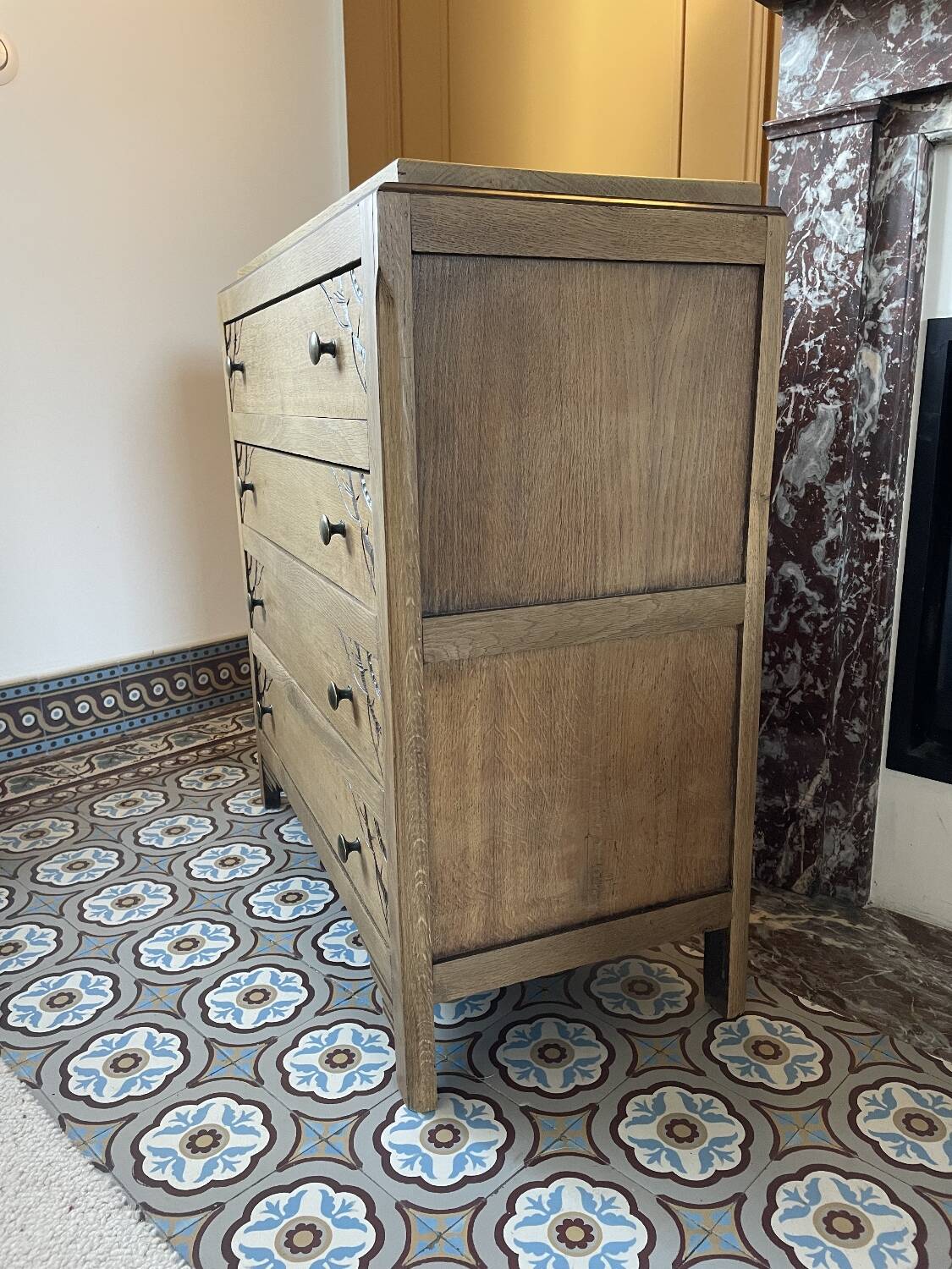 Carved solid oak chest of drawers