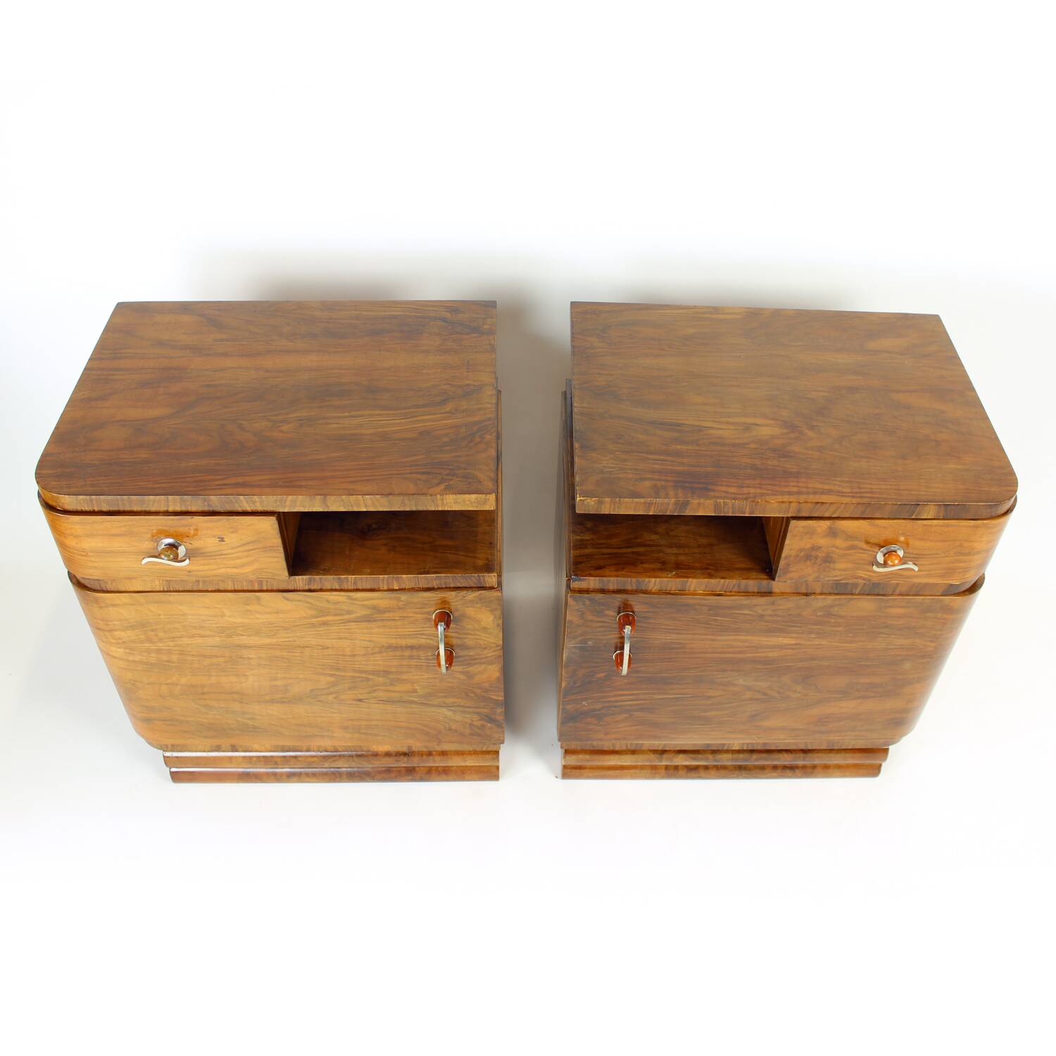 Pair Of Art Deco Bedside Tables In Walnut, Czechoslovakia 1930s