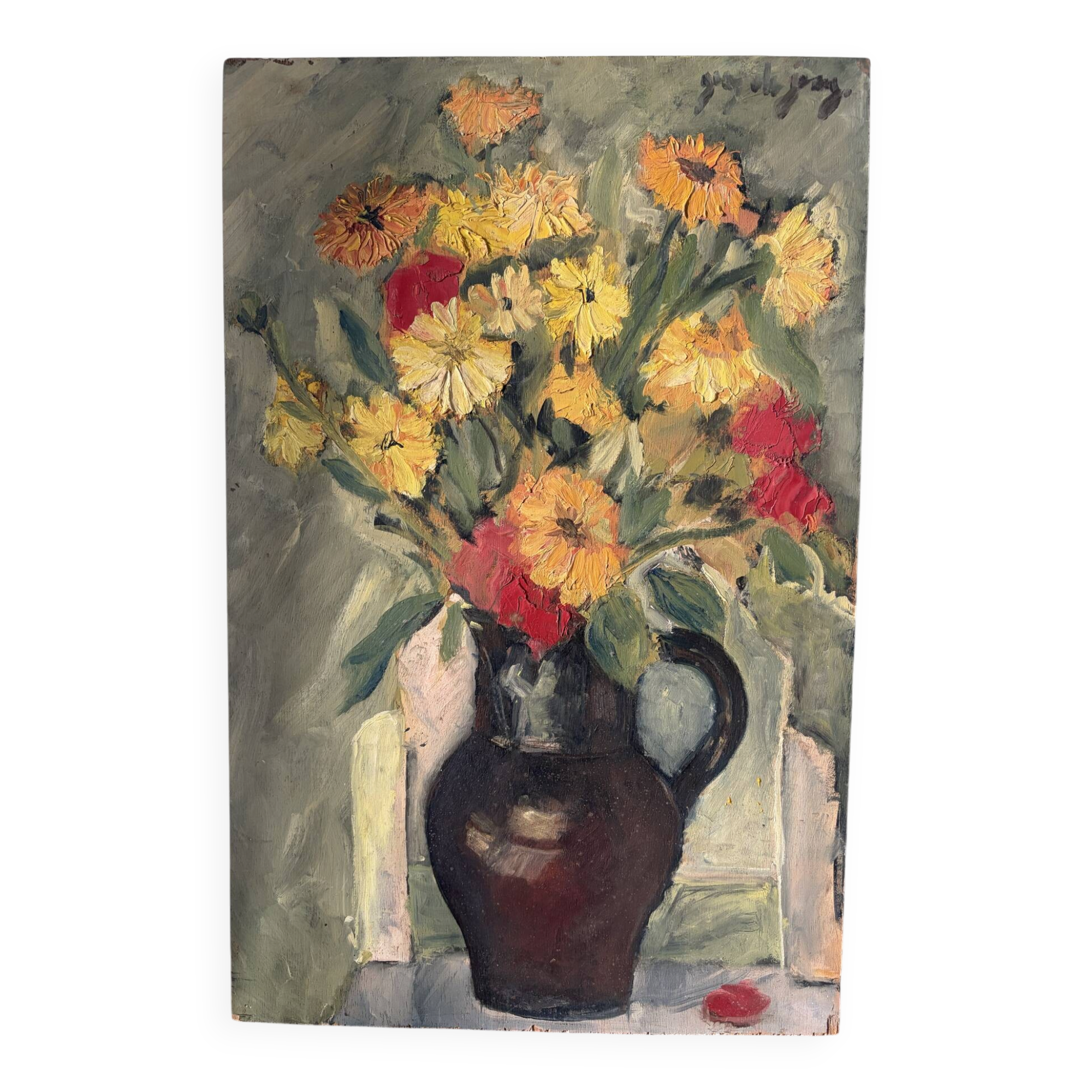 Yellow bouquet, oil on panel signed Guy de Jong.