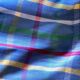 Vintage tablecloth & napkins, blue with multicoloured stripes.