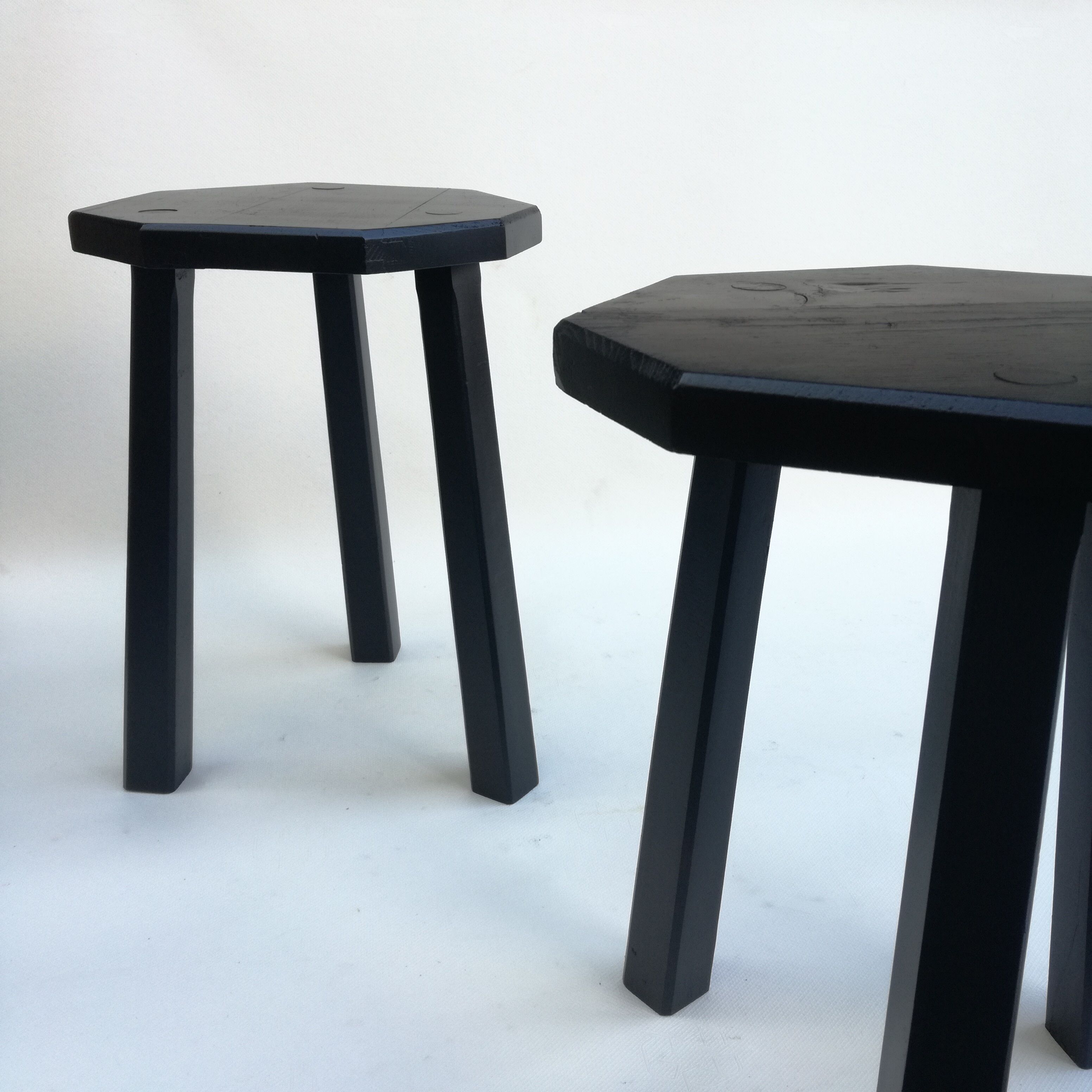 Black brutalist wooden stools, set of 2