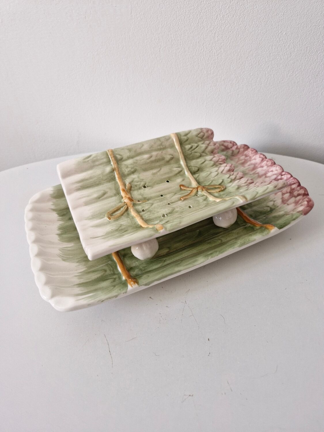 Old dish and asparagus drainer Barbotine ceramic