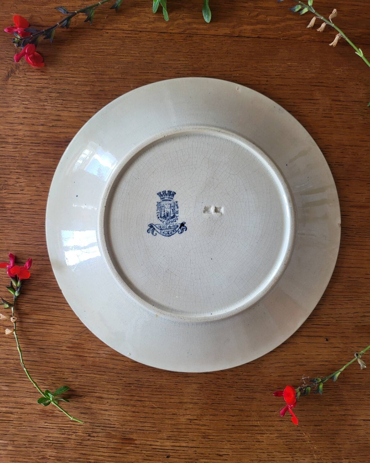 Old opaque porcelain plate gien terre de fer "laurels"