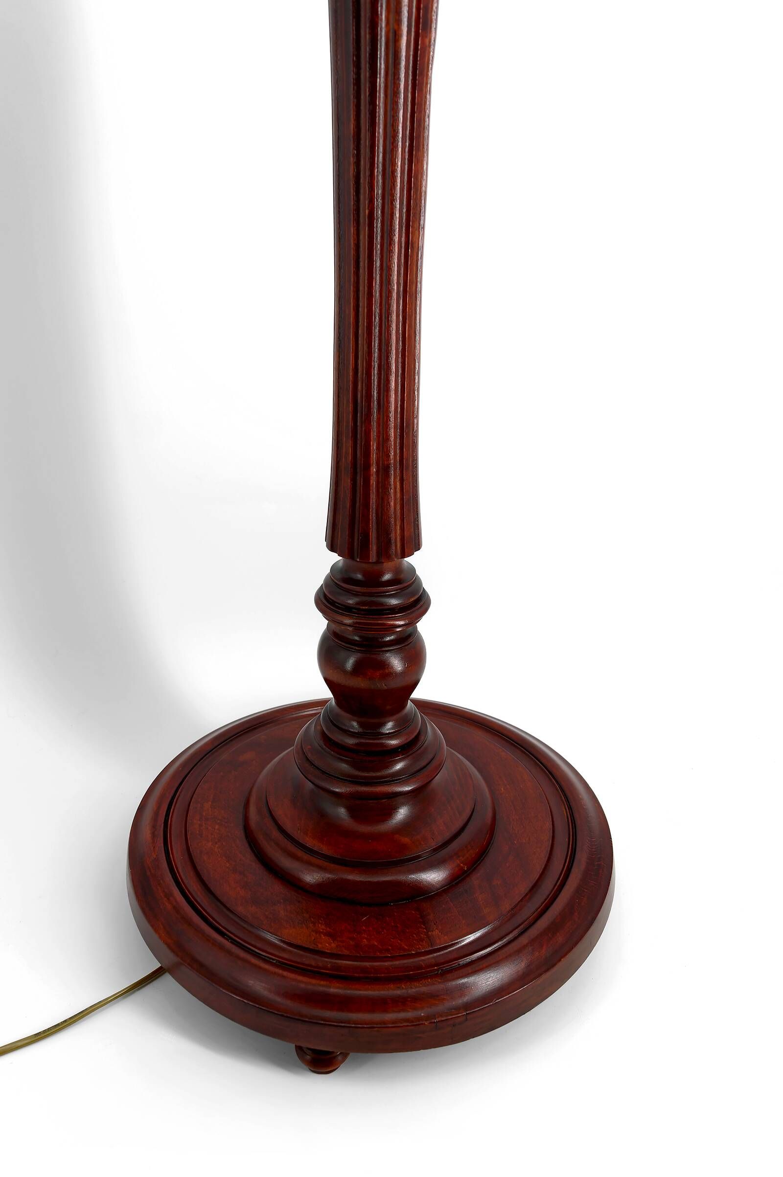 Art Deco floor lamp in carved walnut, stained glass shade, France, c. 1920
