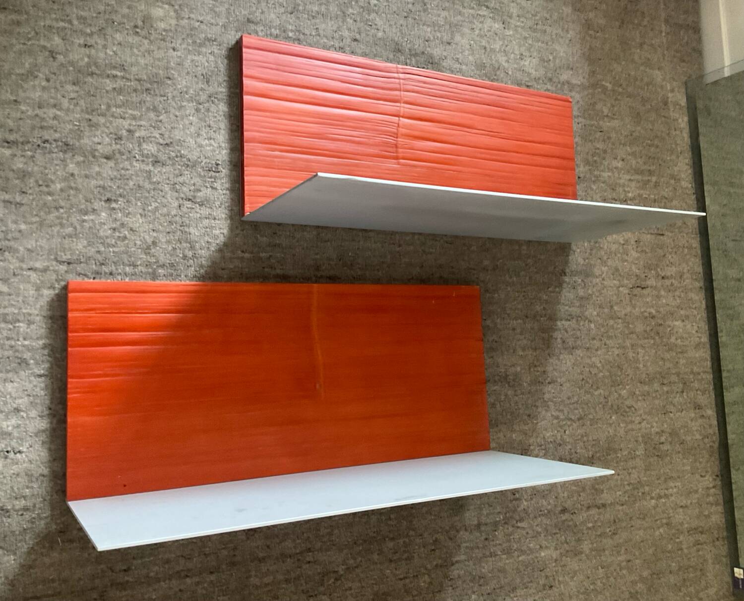 Pair of contemporary wall shelves in steel and stained wood